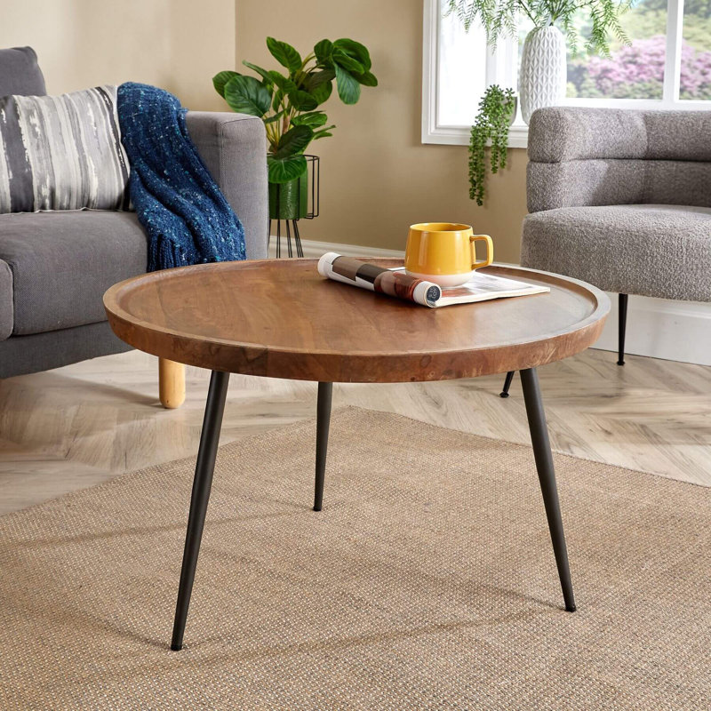 Finzel Solid Mango Wood Industrial Round Coffee Table with Metal Legs, 45cm H x 75cm W x 75cm L