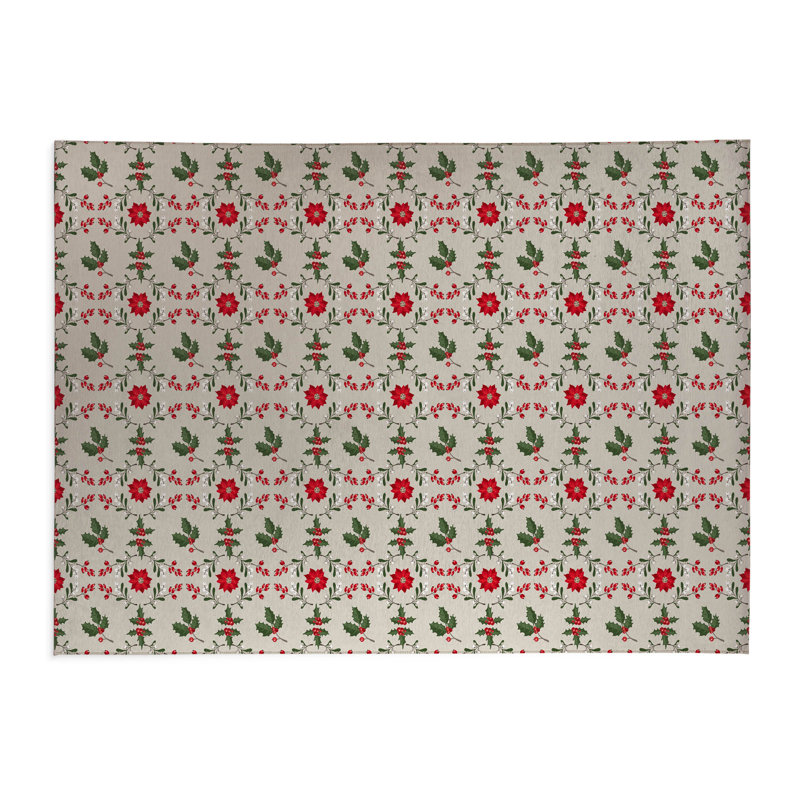 Botanical Poinsettia Low Profile Kitchen Mat, Ivory, Rectangle 5' x 3'