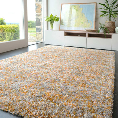 Geyer Yellow Grey Shaggy Rug Soft Fluffy Deep Pile Mottled Warm Bedroom Mat