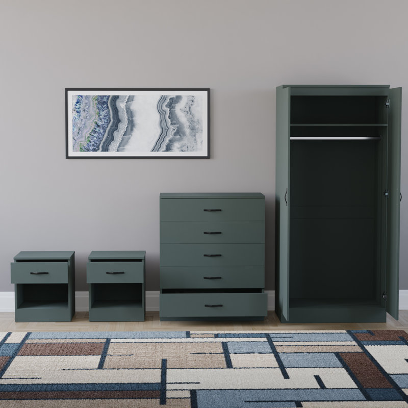 Tayce 4 Piece Bedroom Set (1 Drawer Bedside Cabinet X2, 5 Drawer Chest, 2 Door Wardrobe), Green