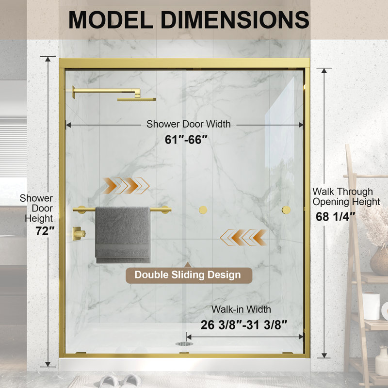 61-66 in. W x 72 in. H Double Sliding Framed Shower Door in Brushed Gold with Clear Tempered Glass, Brushed Gold