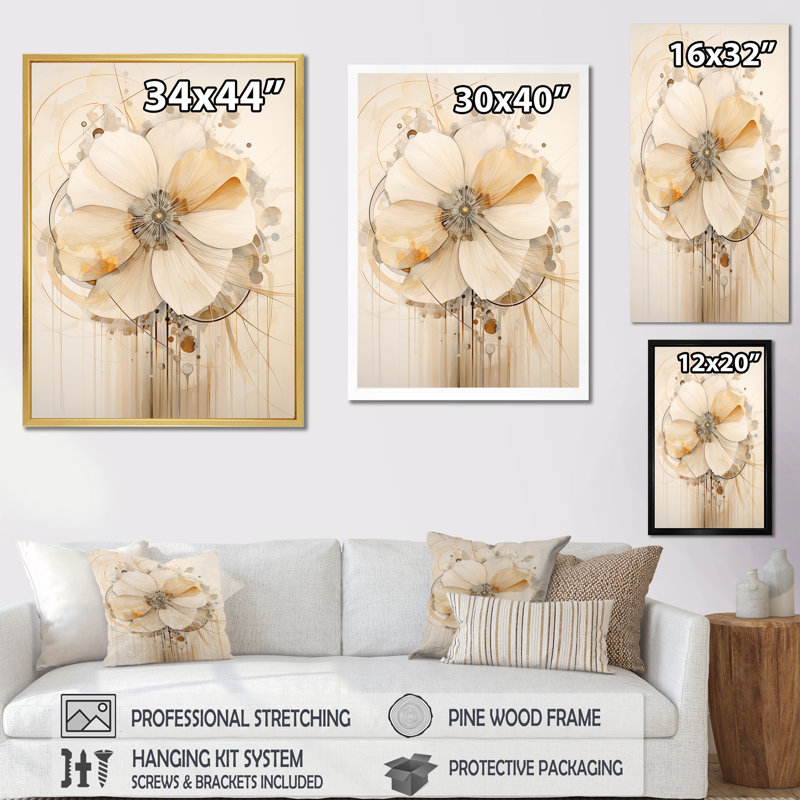 Luxueuse fleur du matin beige et gloire I, Cadre flottant noir, H 32 po x l 24 po x P 1 po