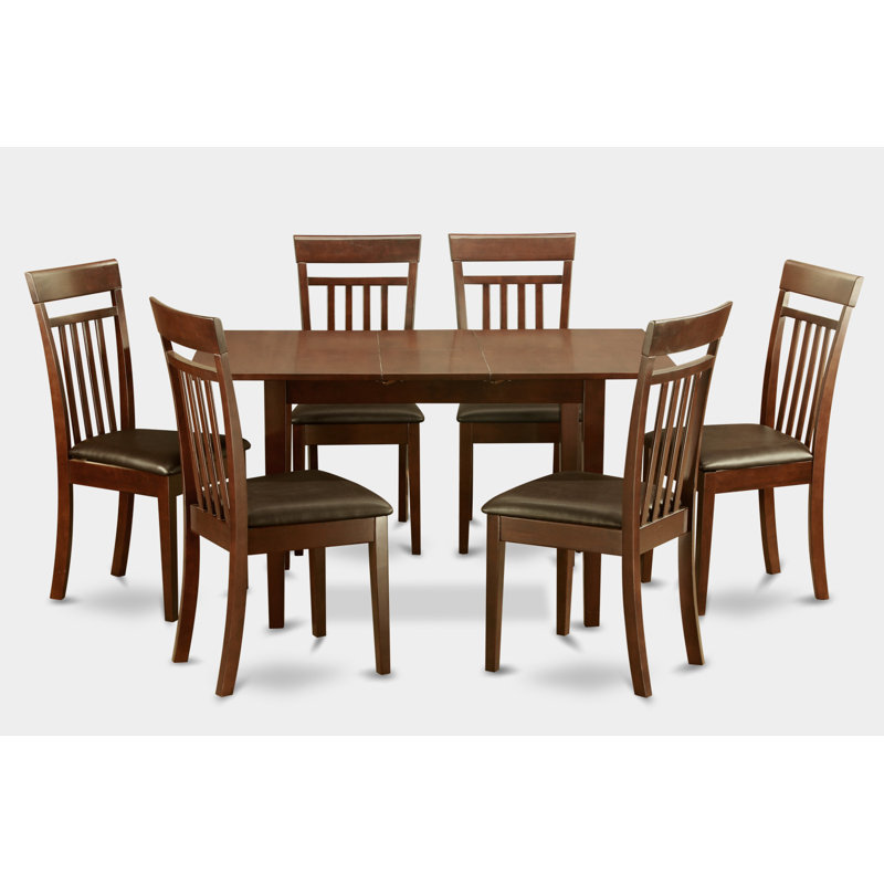 7 Piece Modern Dining Table Set Consist of a Rectangle Wooden Table with Butterfly Leaf and 6 Faux Leather Kitchen Dining Chairs, Mahogany