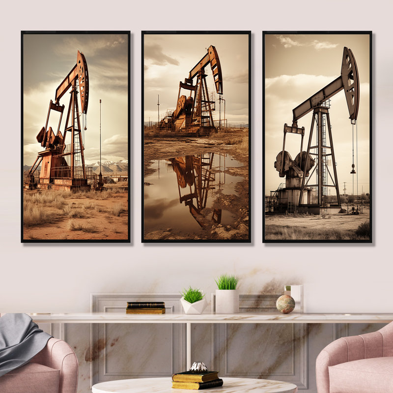 Moderne moderne, champ de forage en sépia, ensemble de 3 impressions sur toile, H 28 po x l 36 po, Cadre flottant noir