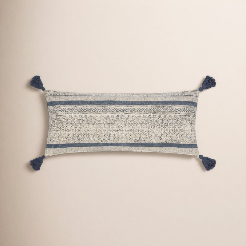 Zetta Tassels Cotton Throw Pillow, Down, Beige/Denim