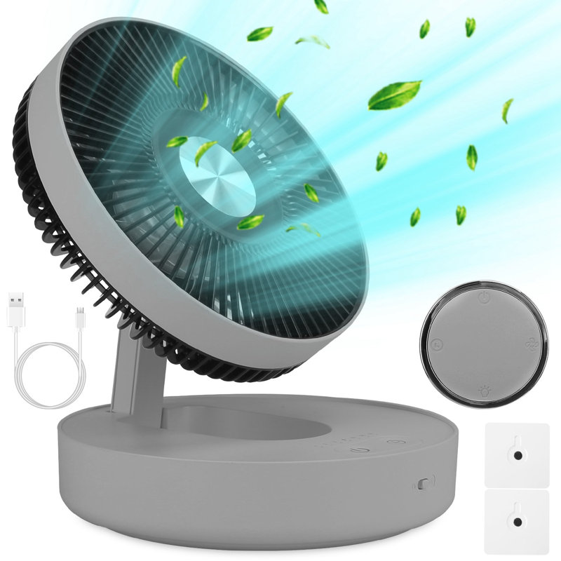 Foldable Rechargeable LED Desk Wall Mounted Fan with Magnetic Remote Hanging Oscillating, Grey