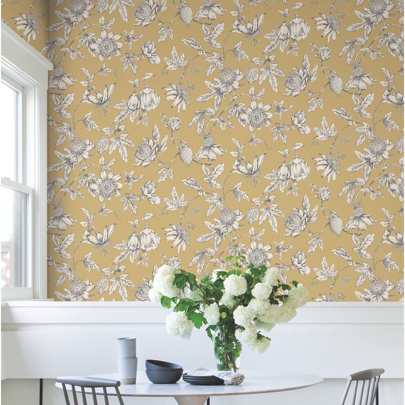 Passion Flower Toile Floral Wallpaper Roll, Harvest