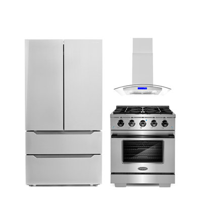 3 Piece Kitchen Package With 30"" Freestanding Gas Range With Custom Handle And Knob Kit 30"" Island Range Hood 36"" French Door Refrigerator -  Cosmo, COS-4PKG-1003