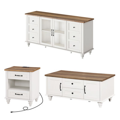 3 Piece Living Room Table Set - Includes Modern Coffee Table With Storage Cabinet, Glass Door TV Stand For 65 Inch TV, Side End Table With Charging St by Alcott Hill