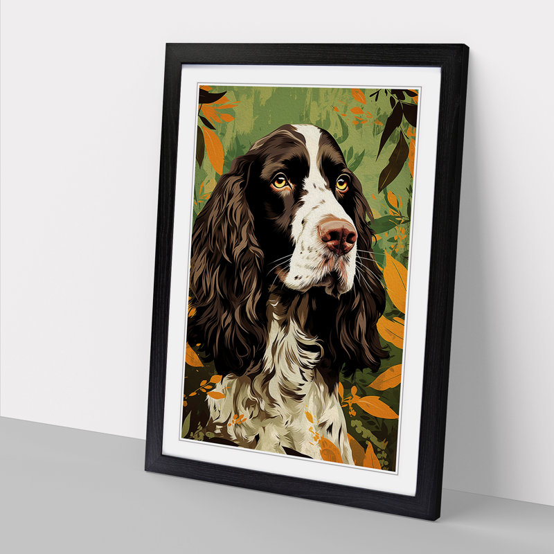 English Springer Spaniel Art Deco - Single Picture Frame Print on Wood, Black, 46cm H x 34cm W x 2cm D