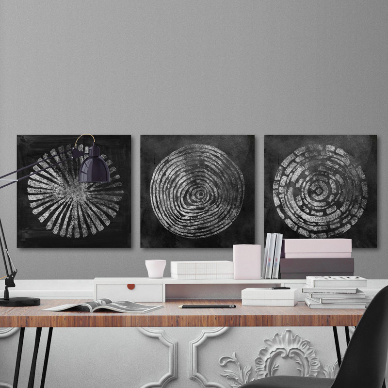 Triptyque cercle argenté, H 32 po x l 32 po