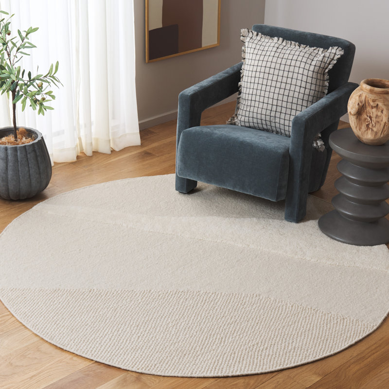 Campeaux Hand Woven Wool/Cotton Solid Color Rug in Ivory, Round 6'