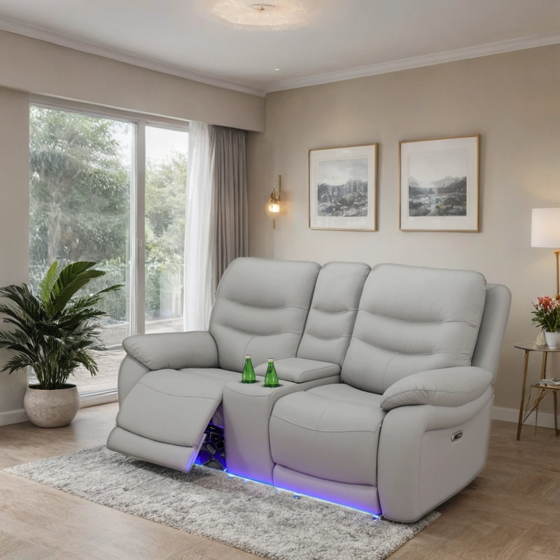 77" Modern Power Reclining Loveseat With LED Lights And Center Console – Light Gray