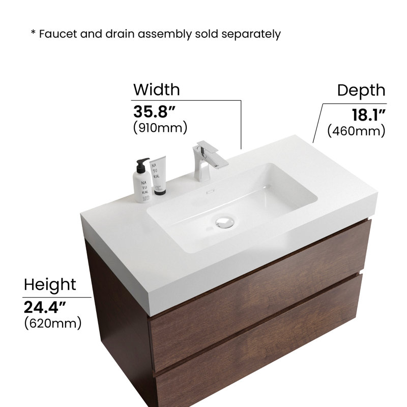 36 Inch Wall-Mounted Single Bathroom Vanity with Solid Surface Top with Overflow, Pre-Assembled, Walnut, 36", White