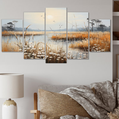 «Meadow Atmospherique Horizon Pointillism I», impression d'art sur toile - 5 panneaux