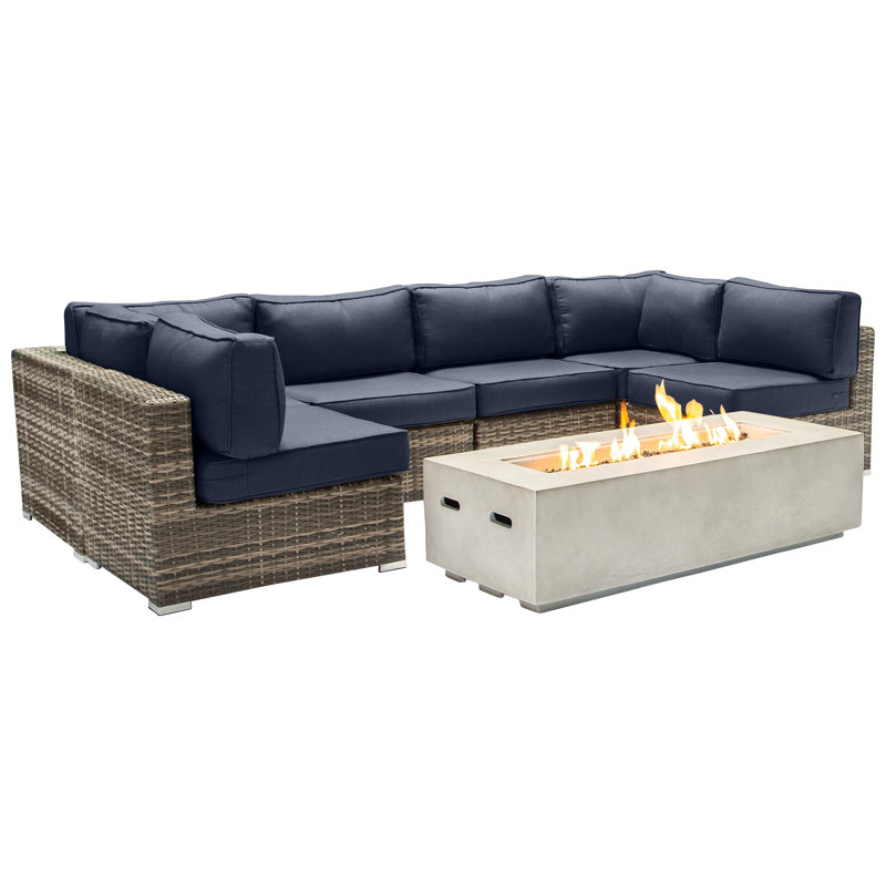 Ensemble de conversation modulaire 7 pièces avec foyer et coussins Sunbrella Lsi, Bleu marine Sunbrella