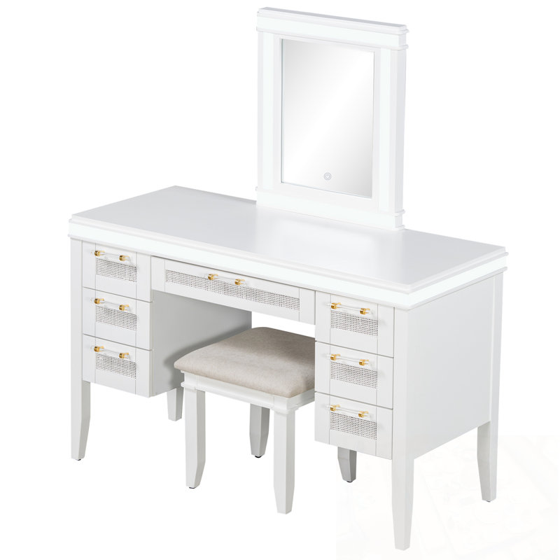 Bureau de coiffeuse avec miroir lumineux, 7 tiroirs et tabouret coussiné, Beige clair