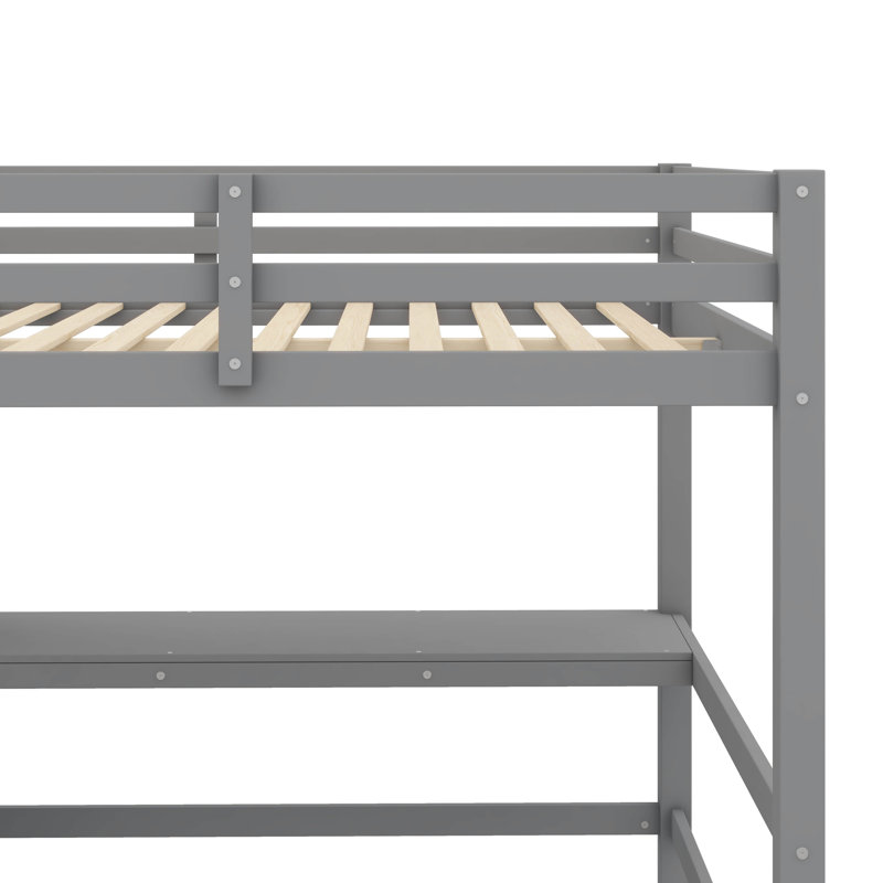Lit mezzanine double en bois pleine grandeur avec poste de travail sous le lit et étagères polyvalentes, gris