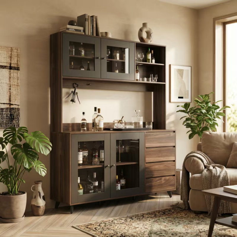 Large Liquor Cabinet Organizing Wine With Glass Doors, Drawers & Hooks, Black/Brown