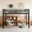 Queen Size Metal Loft Bed with Ladder & Guardrails, Black, Space-Saving & Durable-193405431