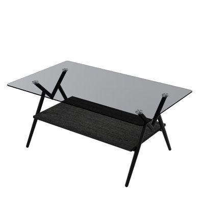 Tempered Glass Coffee Table With Black Shelf, Stable Metal Legs, Gray Living Room Element Rectangular Home Accessory