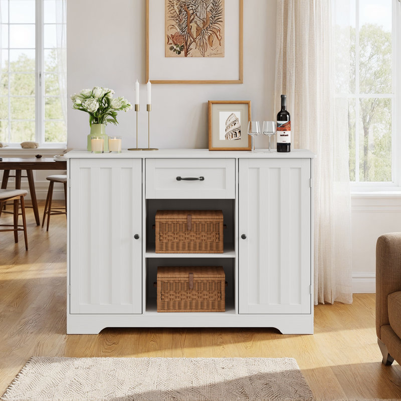 Buffet Farmhouse - Bois, 2 armoires, 1 tiroir et tablettes ouvertes pour la salle à manger, Blanc