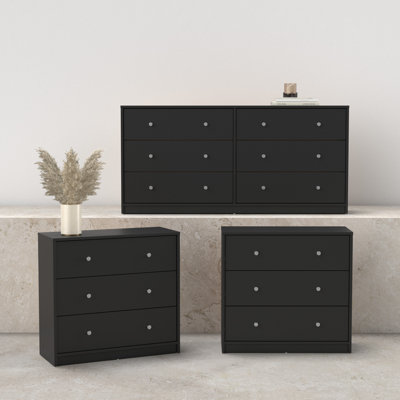 Ensemble de chambre à coucher 3 pièces - commode double 6 tiroirs et ensemble de 2 commodes, noir
