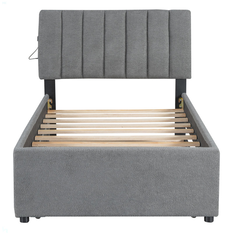 Lit plateforme tapissier simple avec lit gigogne Teddy