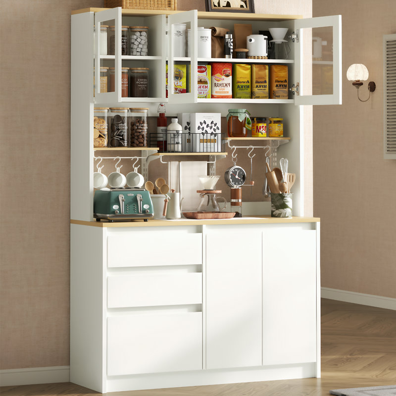 Armoire de rangement pour garde-manger 71 po avec portes en verre et tablettes réglables avec crochets 71 po