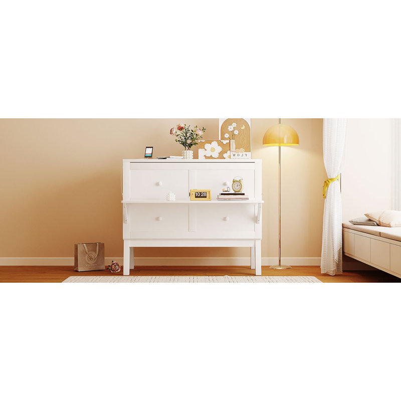Lit escamotable avec port USB et tablettes amovibles de chaque côté, Lit double, Blanc