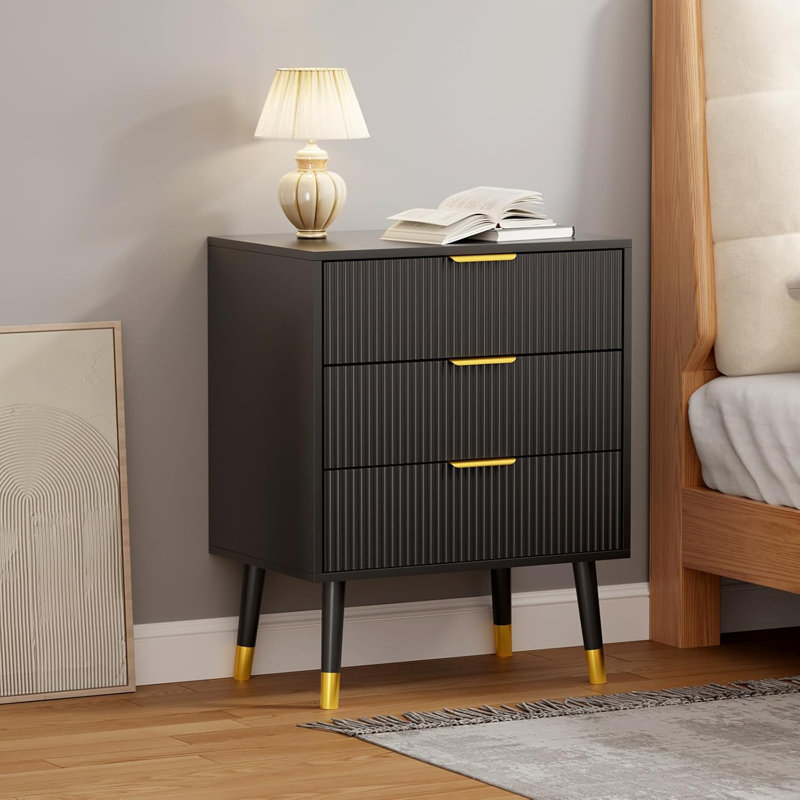 Commode cannelée moderne à 3 tiroirs et commode en bois de 57 po de largeur, Noir