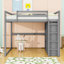 Lit mezzanine en bois pleine grandeur avec garde-robe, tablettes de rangement multicouches et éclairage DEL-352265391