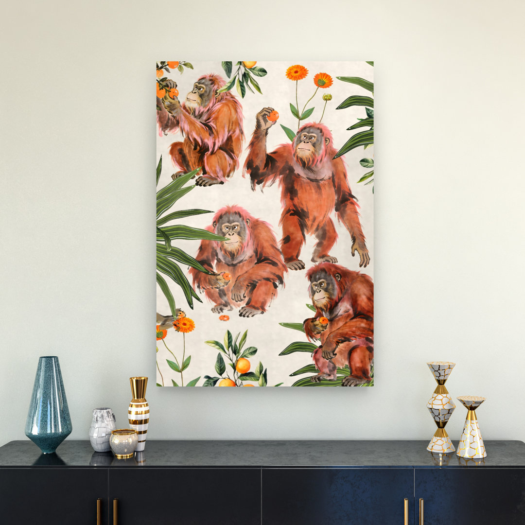 Tropical Orangutans And Oranges Playful Abstract Monkey Fruit Nature Wall Art Print