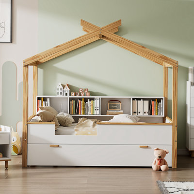 Lit double en bois blanc avec structure en bois originale, lit gigogne simple et bibliothèque pour enfants