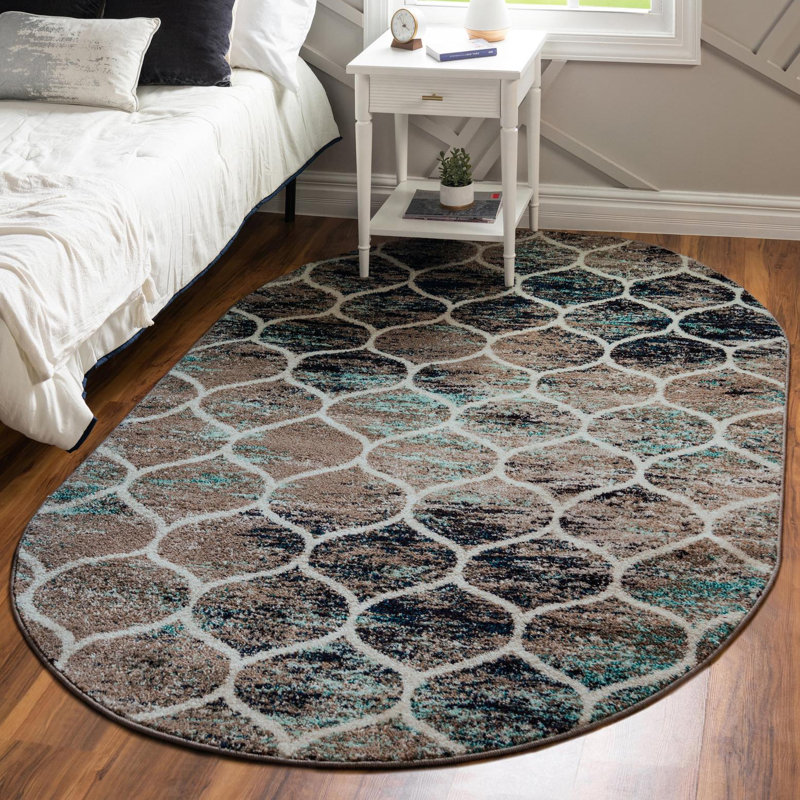 Tapis brun Riverlea, Bleu multicolore, Ovale 6 pi 1 po x 9 pi