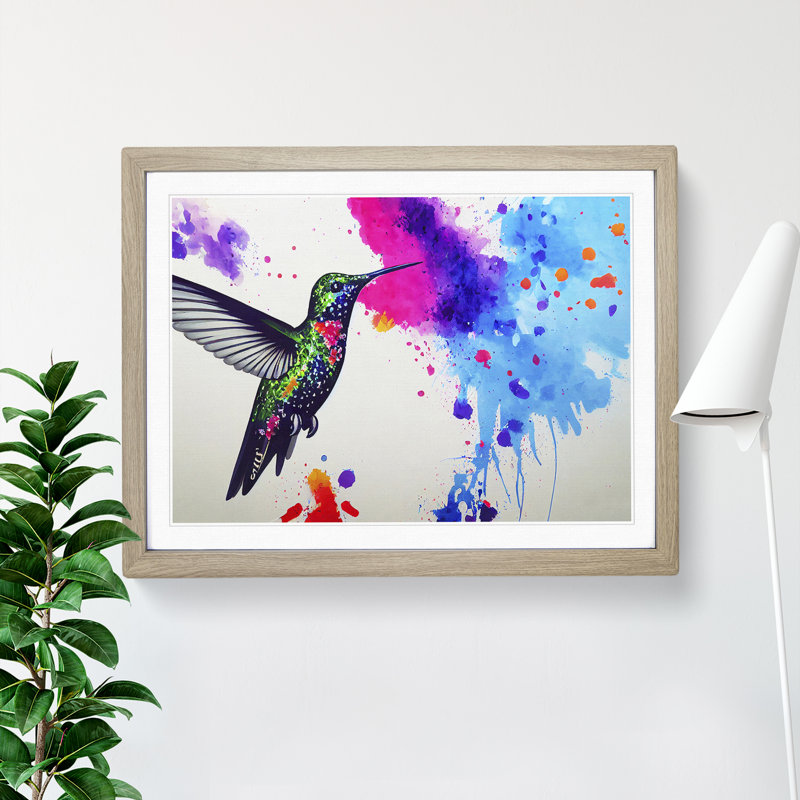 Hummingbird Splash Vol.3 Abstract - Single Picture Frame Painting, 25cm H x 34cm W x 2cm D, Oak