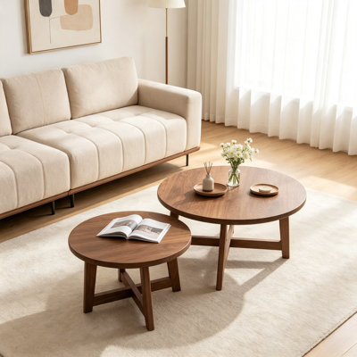 2‑Piece Round Nesting Coffee Table Set, Brown MDF Stackable End Tables with X‑Cross Support Frame, Modern Minimalist Side Tables for Living Room Small Apartments