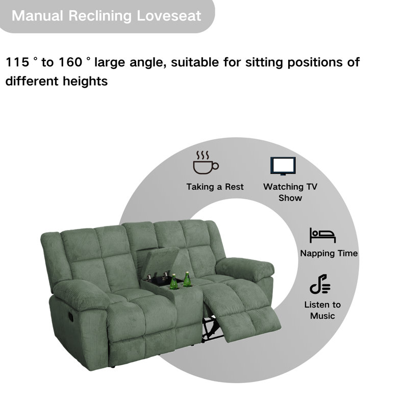 Manual Reclining Loveseat With Middle Console - Corduroy Upholstery, Dual Cup Holders, Split-Back Design, Green
