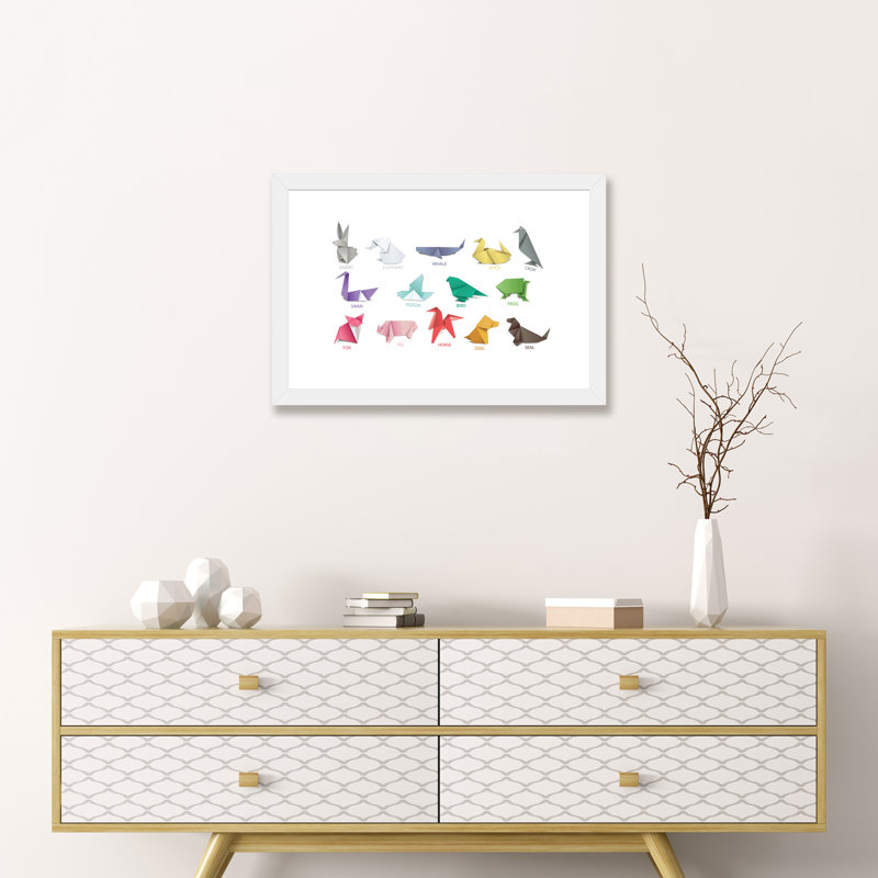 Origami, reproduction d'art graphique, H 16 po x l 24 po x P 1 po, Papier encadré blanc, Blanc