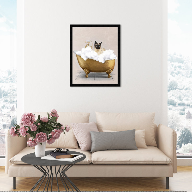 Bath Bath Cat - peinture encadrée, Cadre noir, H 22 po x l 22 po