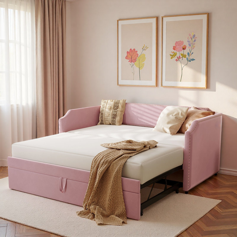 Velvet Upholstered Daybed With Pop Up Trundle And Nail Head Decoration, Pink