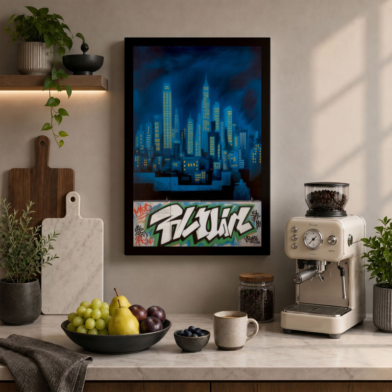 Electric City Nights Urban Art 1 Piece Wrapped Canvas Wall Art, 30x20 - 76.2 x 50.8 cm, Terracotta Border