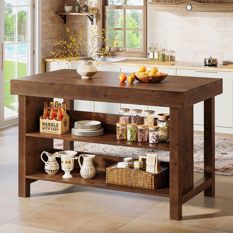 Îlot de cuisine en bois massif à 3 niveaux avec tablettes de rangement, Dark Brown