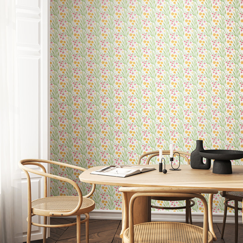 Meadow Stripe Spring Bloom Smooth Matt Wallpaper, Green/White