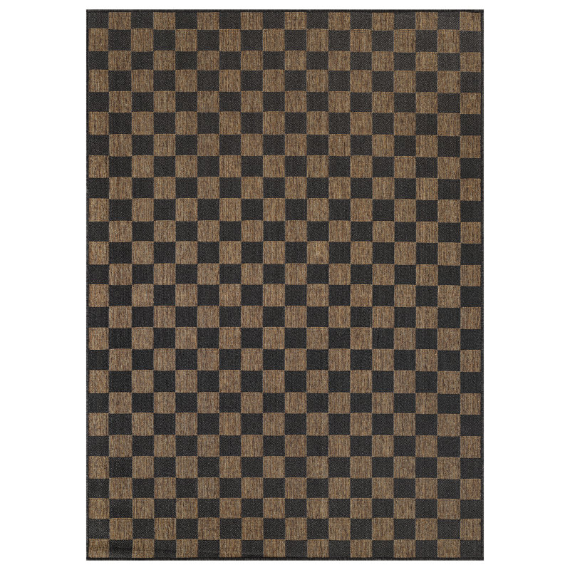 Checkered Dark Gray/Natural Easy-Care Jute-Style Indoor/Outdoor Flat Woven Area Rug, Rectangle 6'7" x 9', Dark Gray