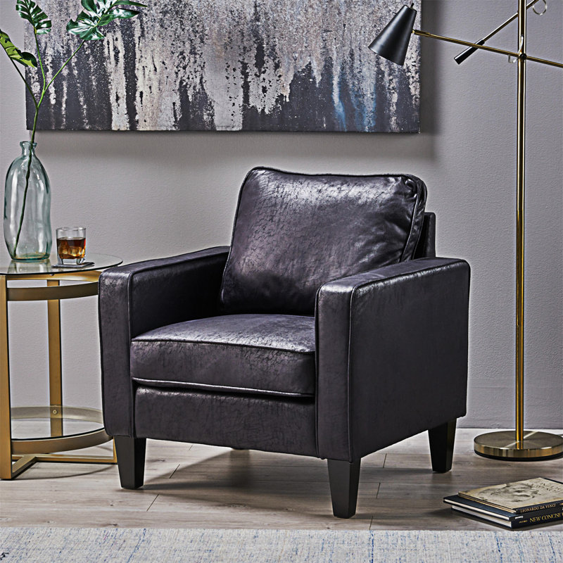 Ballentine Mid-Century Modern Accent Chair with Channel Stitching and Rubberwood Legs, Black Polyester