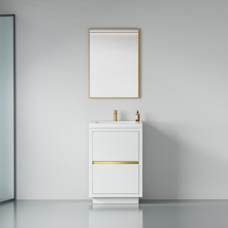 Meuble-lavabo de salle de bain avec comptoir en résine de pierre et tiroirs à fermeture en douceur, Blanc