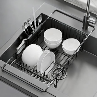 Séchoir à vaisselle extensible avec support à ustensiles | Organisateur de cuisine compact pour petits espaces | Poignée antidérapante et support de gobelet stable