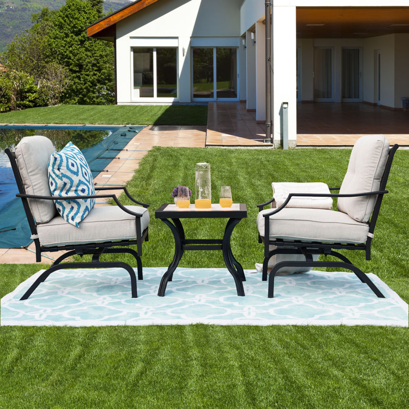 3-Piece Outdoor Patio Rocking Set with Cushioned Chairs and Side Table, Beige