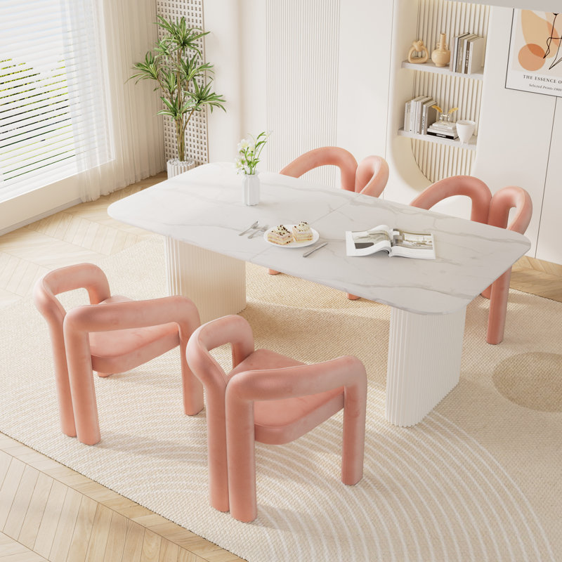 Ensemble de table de salle à manger à double piédestal en marbre blanc, 5, Rose
